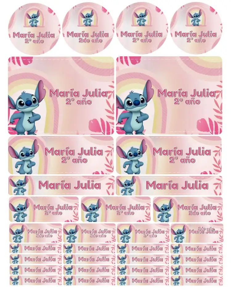 Invitación Etiqueta Escolar Stitch Angel – tema Más buscados rosa, infantil, divertido, moderno, colorido, temático
