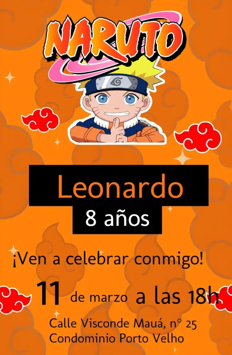 Invitación Naruto Chibi Nube – tema Cumpleaños Infantil anime, colorido, jovial, divertido, moderno