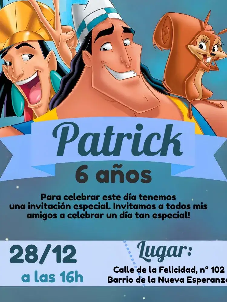 Invitación La Nueva Ola Del Emperador Kronk Ardilla – tema Cumpleaños Infantil divertido, colorido, infantil, moderno, lúdico, animado