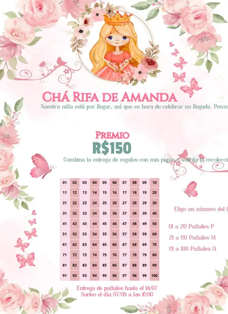Invitación Princesa Jardín Encantado – tema Té Rifa floral, encantado, colorido, romántico, infantil, moderno