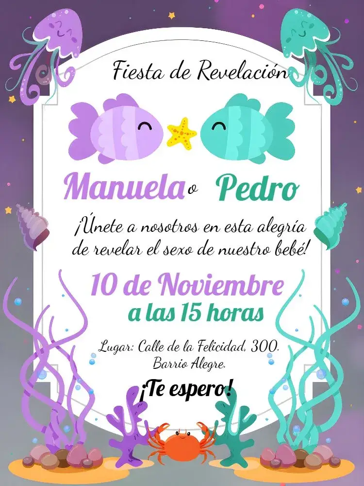 Invitación Baby Shower Revelación Lila y Verde Fondo del Mar Pañales