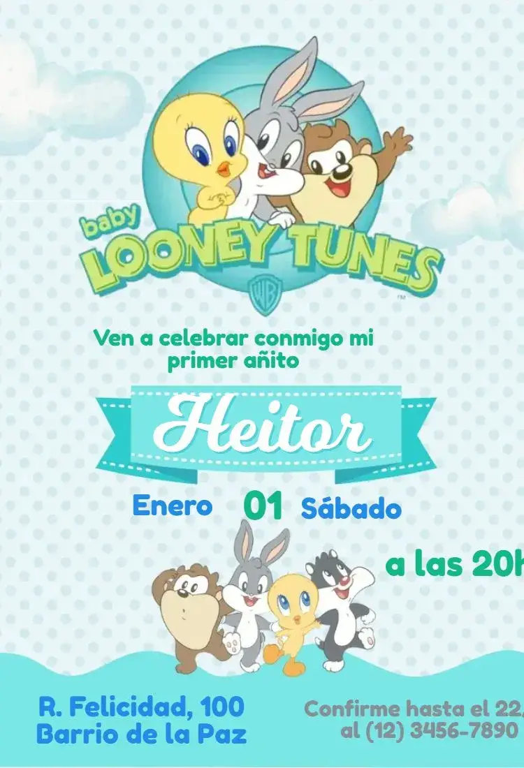 Invitación Looney Tunes Baby Bolinhas