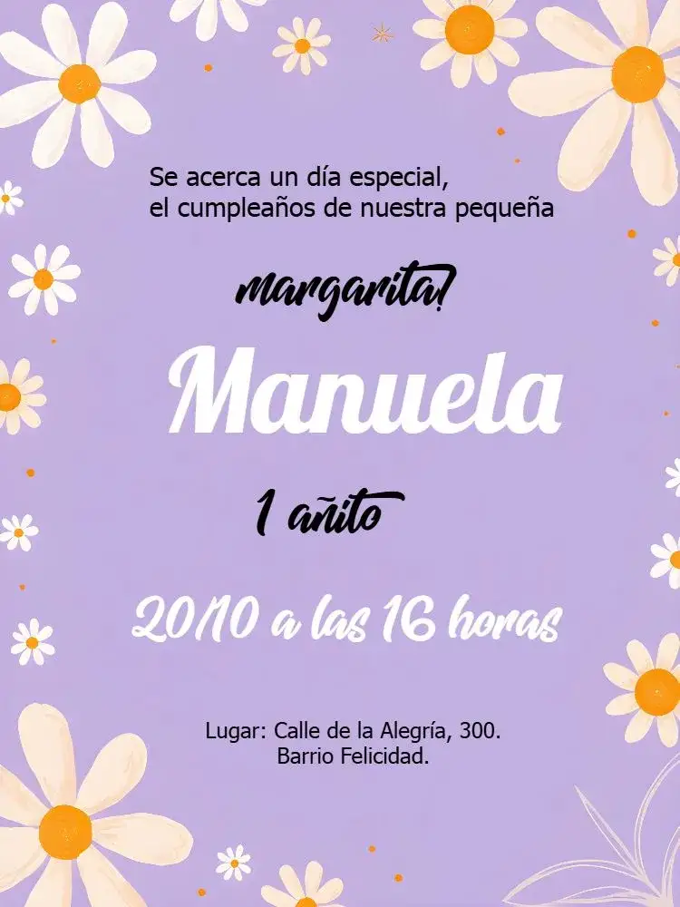 Invitación Jardín De Margaritas Lila Niña – tema Más buscados floral, lila, colorido, infantil, primavera
