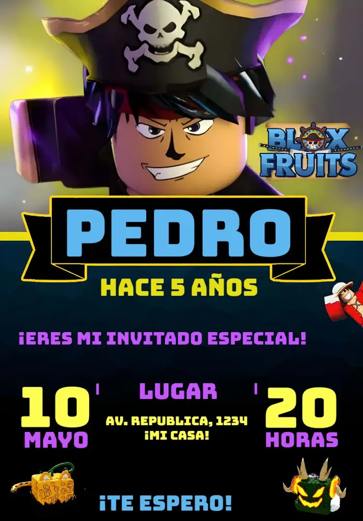Invitación Blox Fruits Roblox One Piece Bloxfruits – tema Cumpleaños Infantil colorido, moderno, juegos, fantasía, divertido, temático