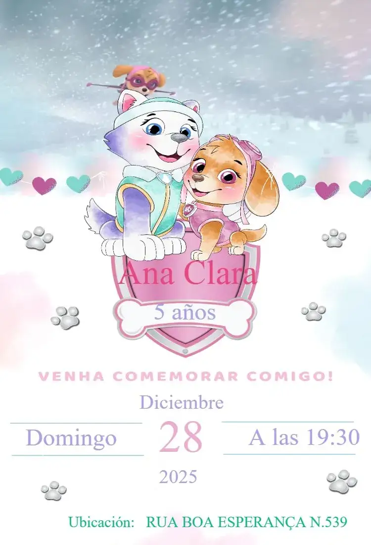 Invitación Invitación Infantil Patrulla Canina Rosa – tema Cumpleaños Infantil acuarela, rosa, lúdico, divertido, colorido, infantil