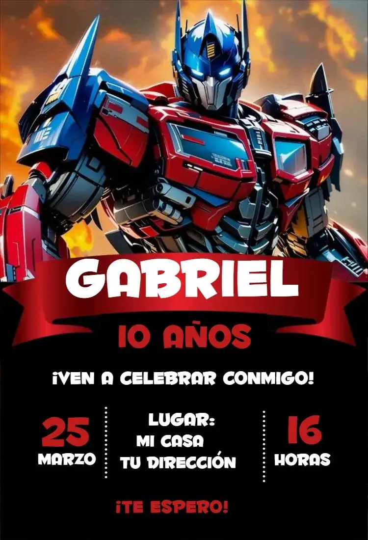 Invitación Optimus Prime 1 – tema Cumpleaños Infantil colorido, temático, dinámico, moderno, infantil