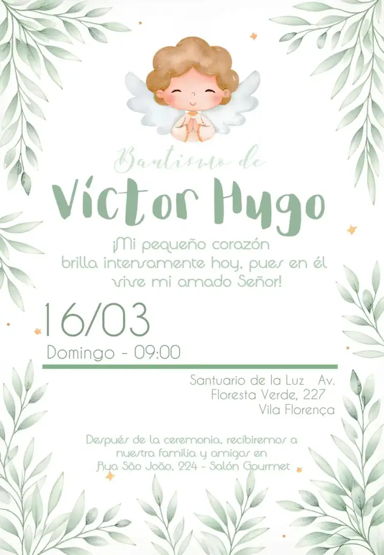 Invitación Bautizo Angelito Iglesia – tema Primera Comunión verde y blanco, angelitos, minimalista, católico, ilustraciones infantiles, diseño moderno
