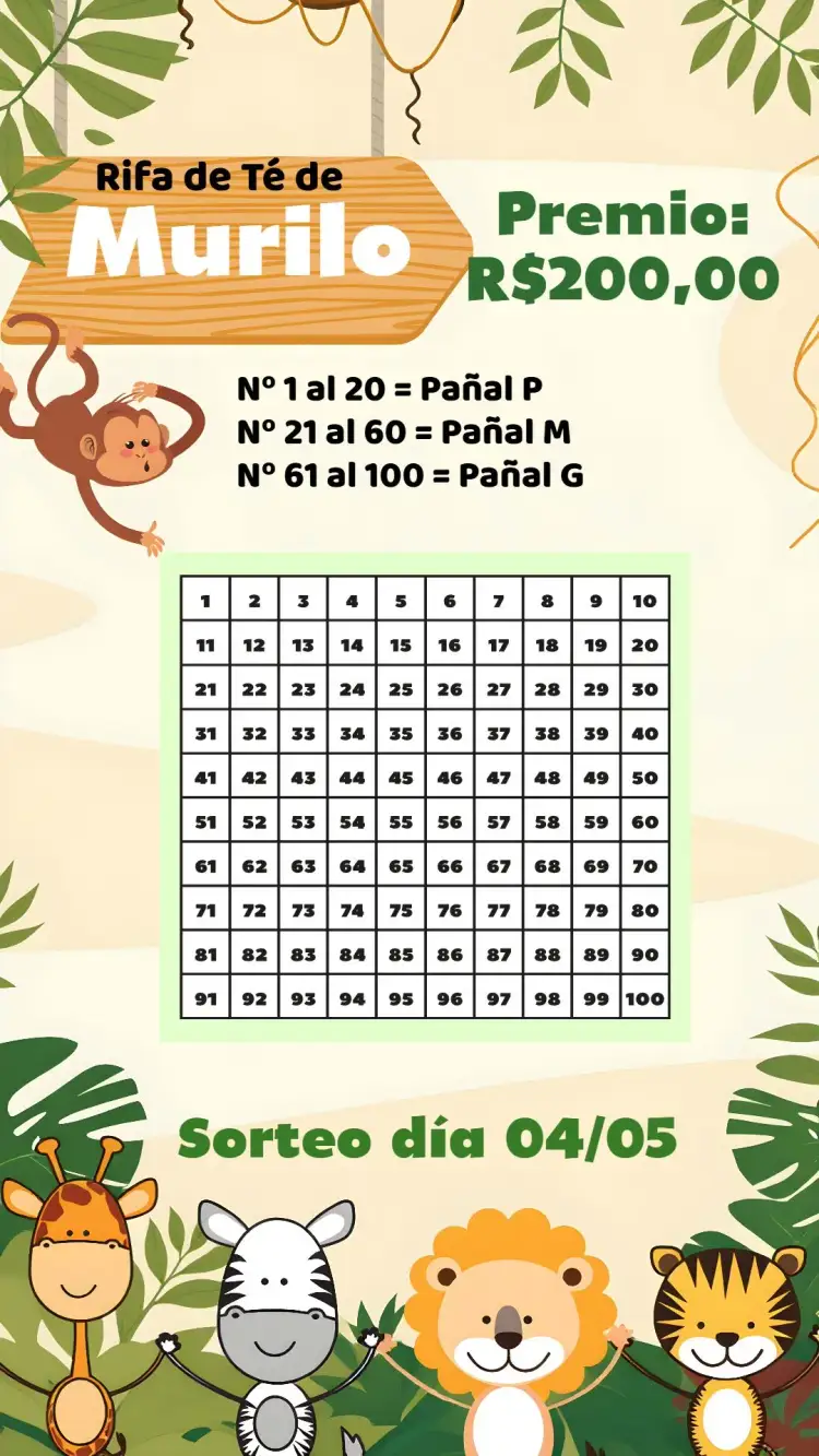Invitación Té Rifa Safari Cebra – tema Té Rifa selva, animales, colores vibrantes, divertido, naturaleza, infantil