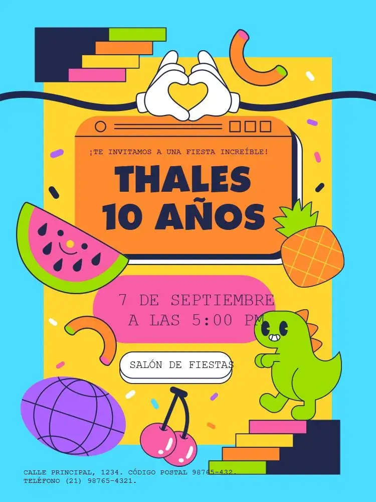 Invitación 10 Años Celebración Colorida editable y personalizable