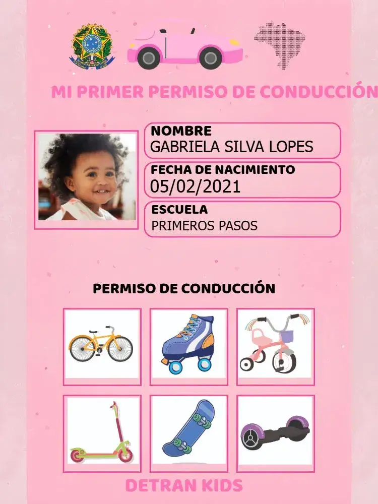 Invitación Carné de conducir Infantil Niña Pedagógico – tema Cumpleaños Infantil rosa, lúdico, educativo, divertido, infantil