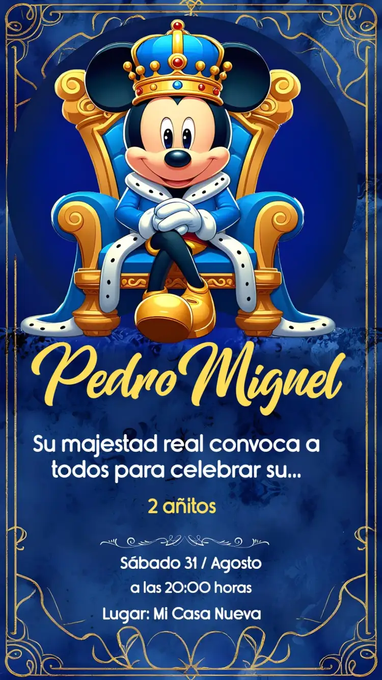 Invitación Mickey Mouse Realeza Príncipe – tema Más buscados azul, lúdico, temático, moderno, infantil, divertido
