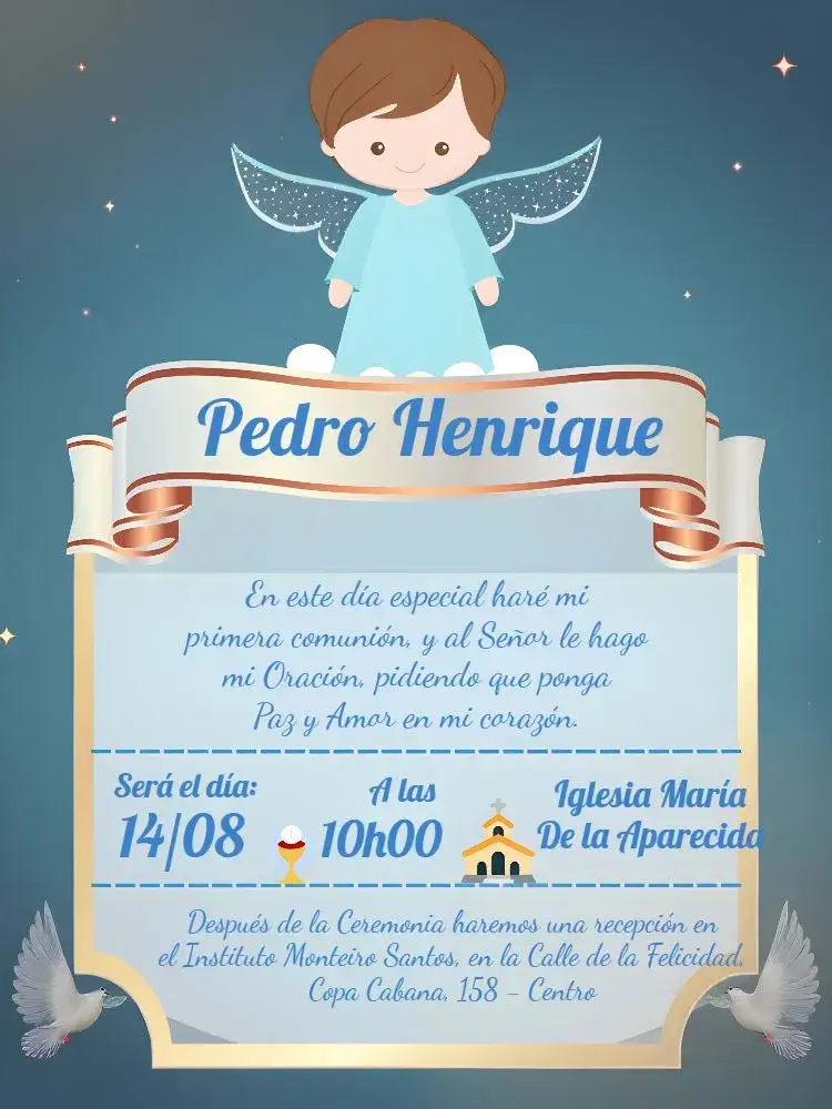 Invitación Primera Comunión Azul – tema Primera Comunión azul, blanco, dorado, elegante, delicado, religioso