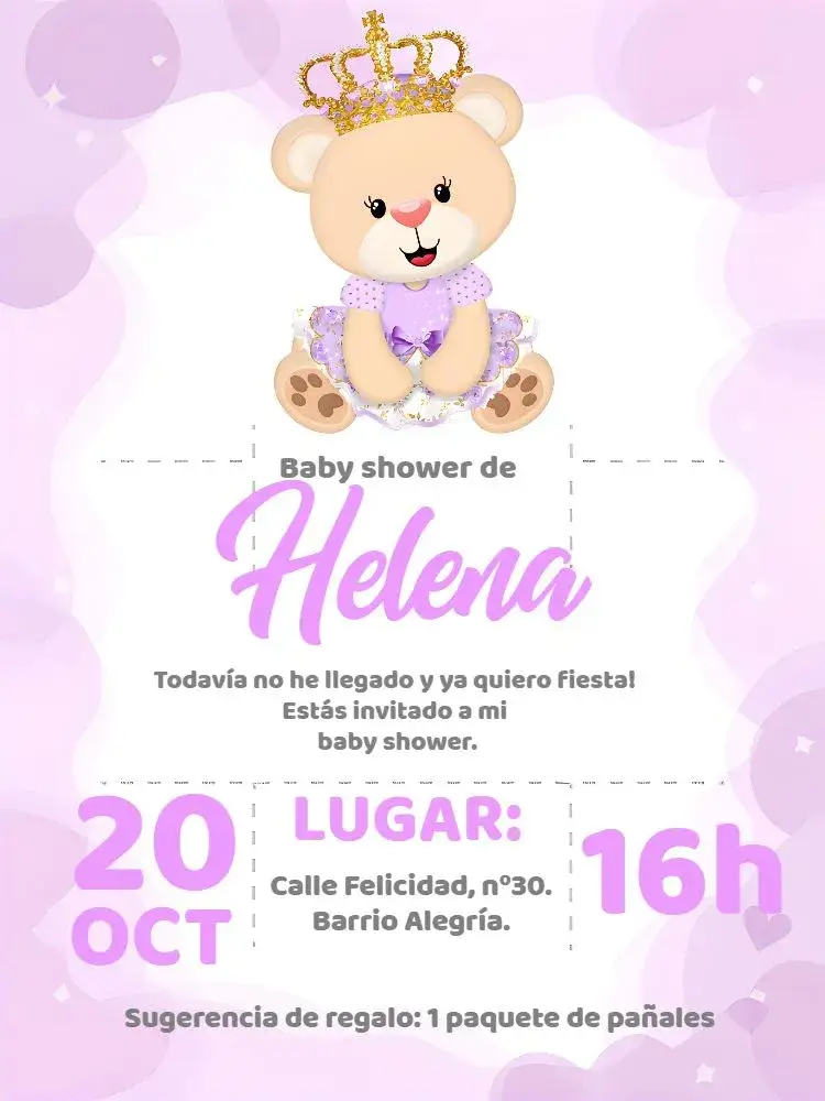 Invitación Baby Shower Princesa Oso Lila – tema Baby Shower lila, blanco, morado, tierno, princesa, osita