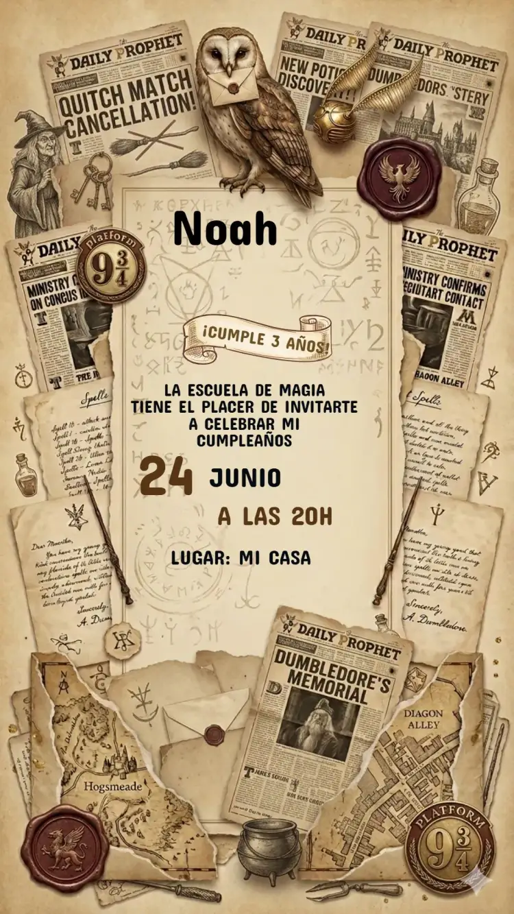 Invitación Invitación Cumpleaños Harry Potter – tema Cumpleaños Infantil mágico, fantasía, brujo, colores vibrantes, ilustraciones encantadoras, estilo vintage