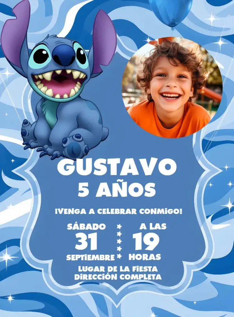 Invitación Stitch Con Foto Azul – tema Más buscados tropical, colorido, infantil, marino, divertido, hawaiano