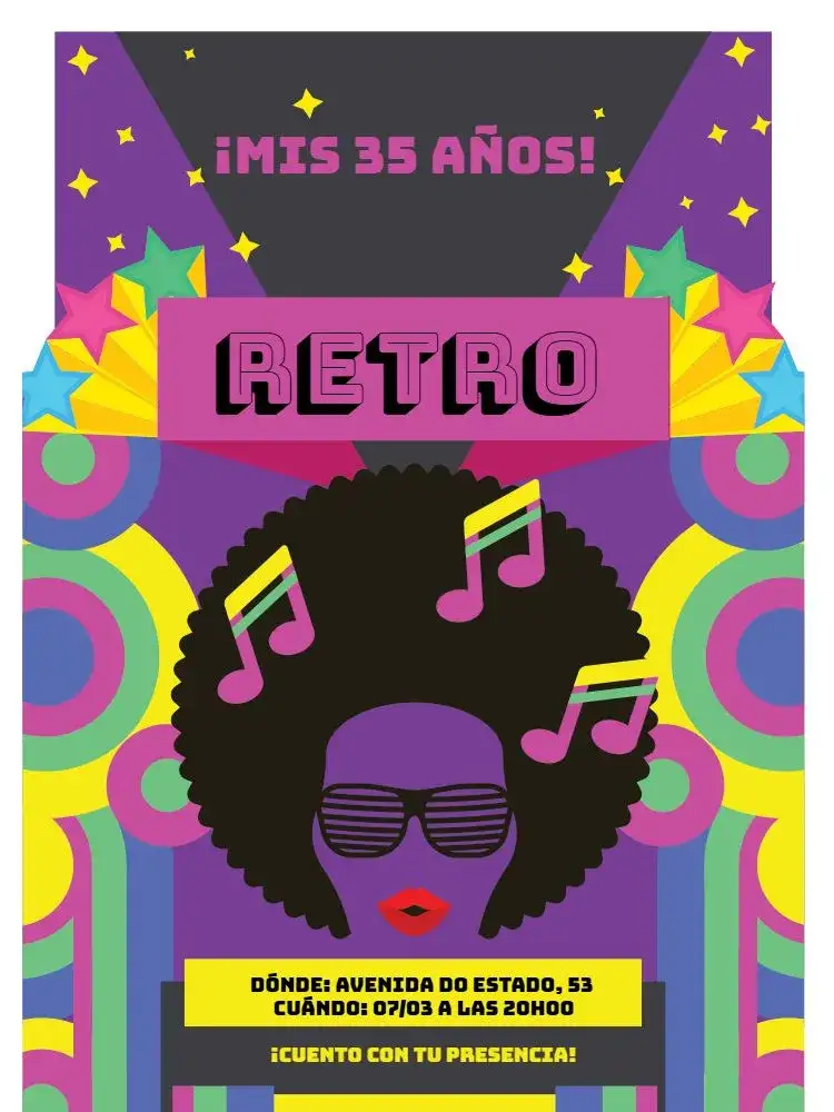 Invitación Fiesta Retro Digital – tema Cumpleaños colorido, vintage, musical, nostálgico, temático, divertido