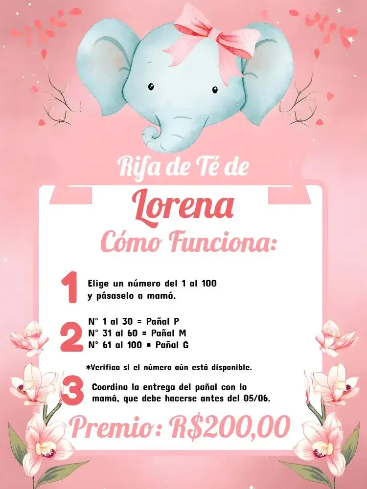 Invitación Té Rifa Elefantita Niña – tema Té Rifa safari, elefantita, colores suaves, femenino, juguetón, moderno