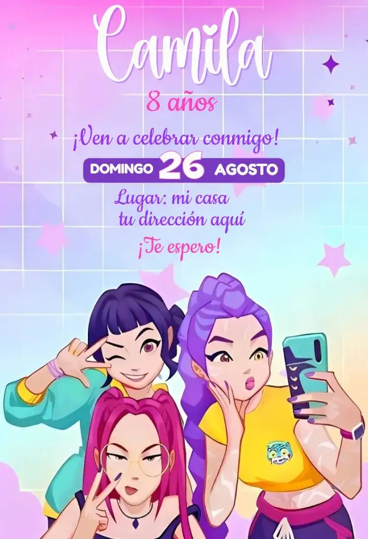 Invitación Guerreiras del Kpop dibujo – tema Cumpleaños colorido, divertido, moderno, kawaii, vibrante, jovial