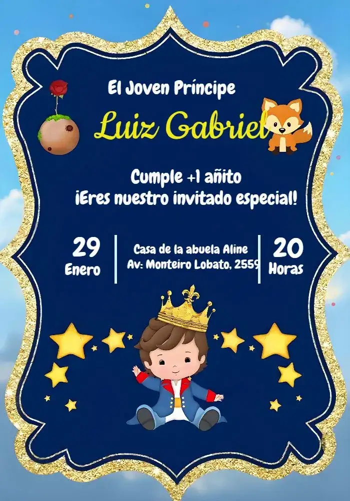 Invitación Pequeño Príncipe Niño Glitter Zorro – tema Más buscados brillantina, azul, infantil, moderno, lúdico, fantasía