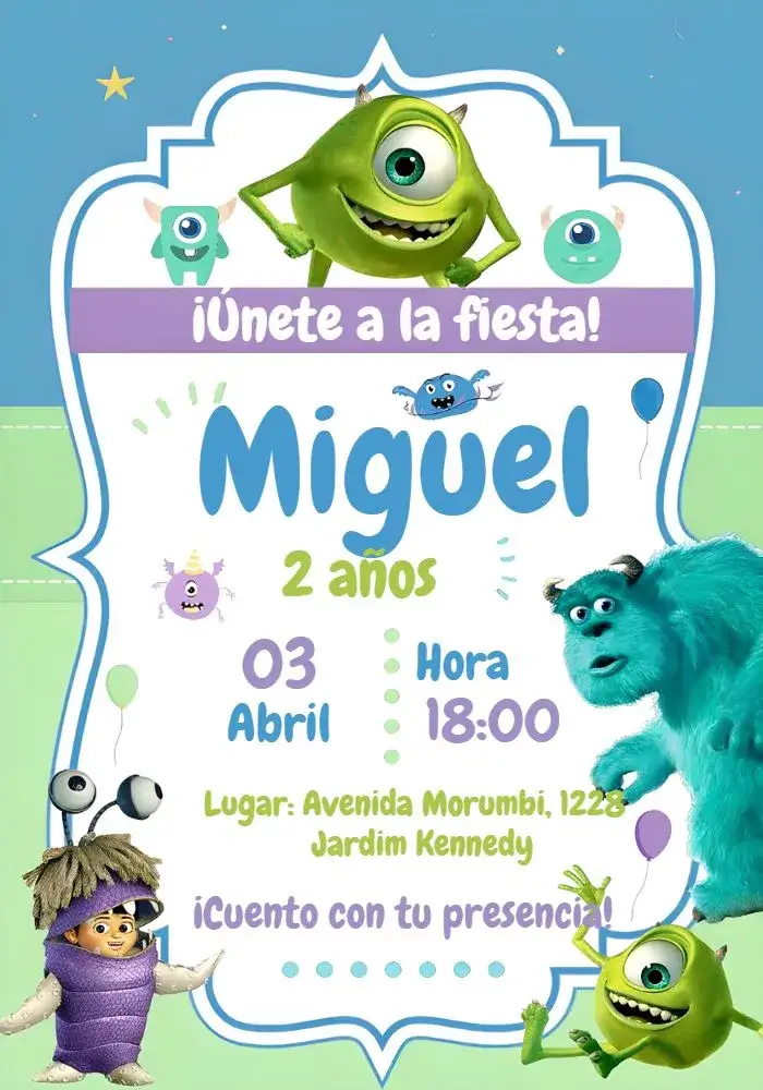 Invitación Monstruos S.A. Infantil – tema Más buscados colorido, divertido, temático, animado, infantil, ilustraciones