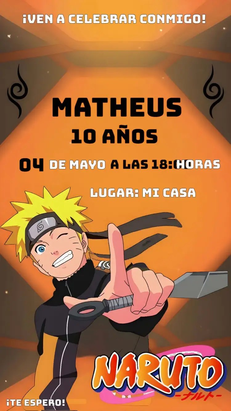 Invitación Naruto Chico – tema Cumpleaños Infantil naranja, negro, moderno, anime, aventura