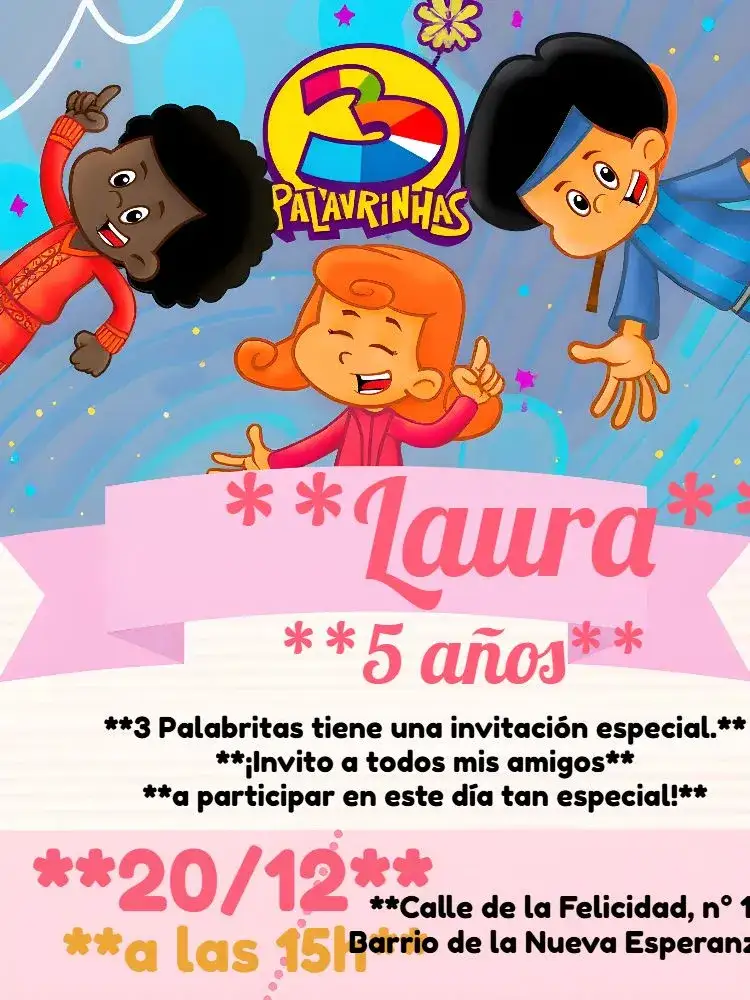 Invitación 3 Palabritas Rosa – tema Más buscados rosa, blanco, gris, moderno, infantil, divertido