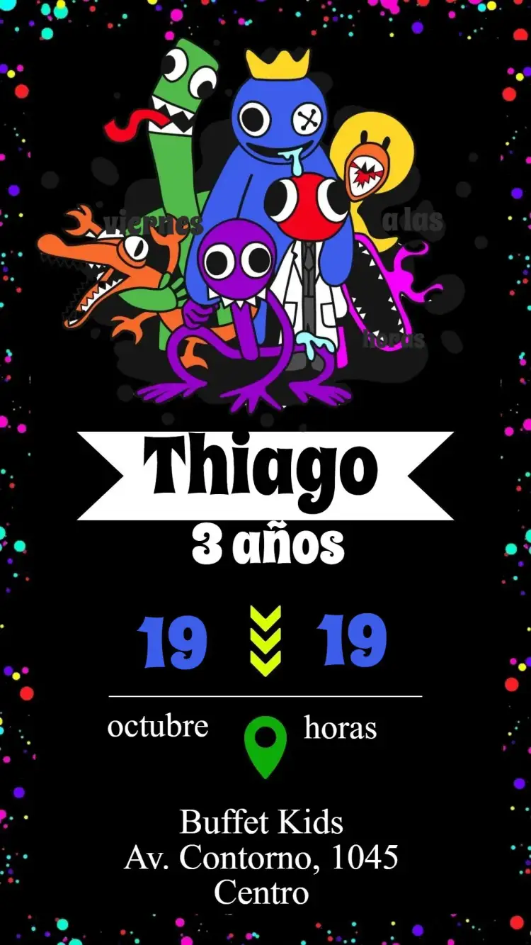Invitación Rainbow Friends – tema Cumpleaños colorido, divertido, ilustraciones infantiles, estilo lúdico, tema arcoíris