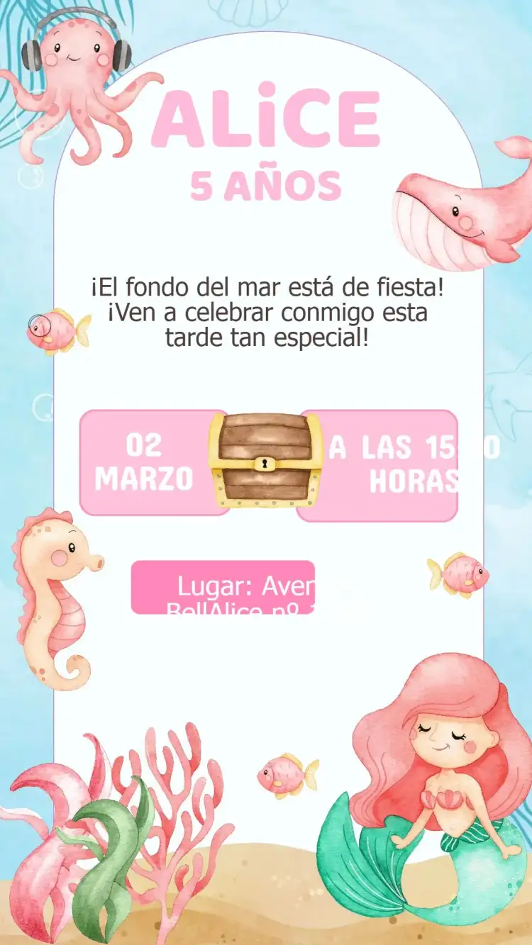 Invitación Cumpleaños Fondo del Mar Acuarela Rosa