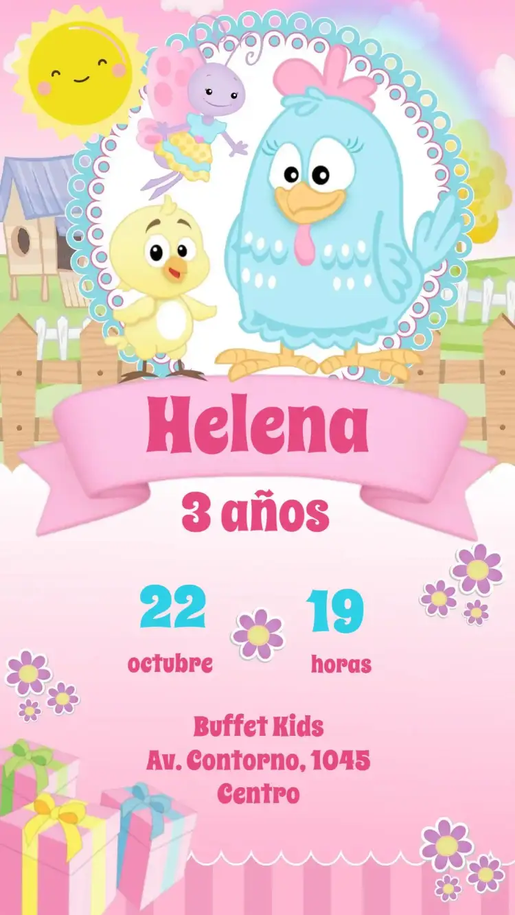 Invitación Gallina Pintadita – tema Cumpleaños Infantil colorido, divertido, infantil, candy, animado, temático