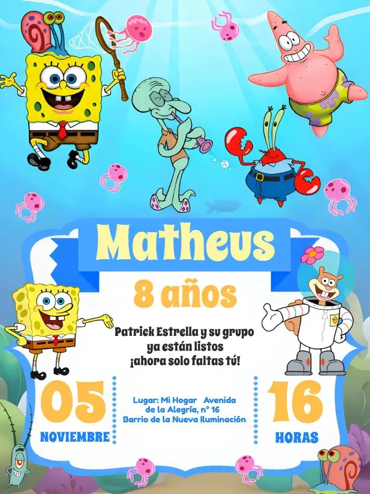 Invitación Bob Esponja Azul – tema Más buscados colorido, temático, marino, divertido, infantil, lúdico