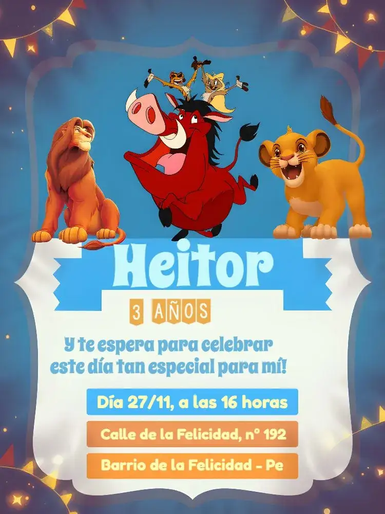 Invitación Rey León Blanco – tema Cumpleaños Infantil temática de El Rey León, colores vibrantes, diseño a rayas, estilo divertido, elementos gráficos de la sabana, inspirado en dibujos animados
