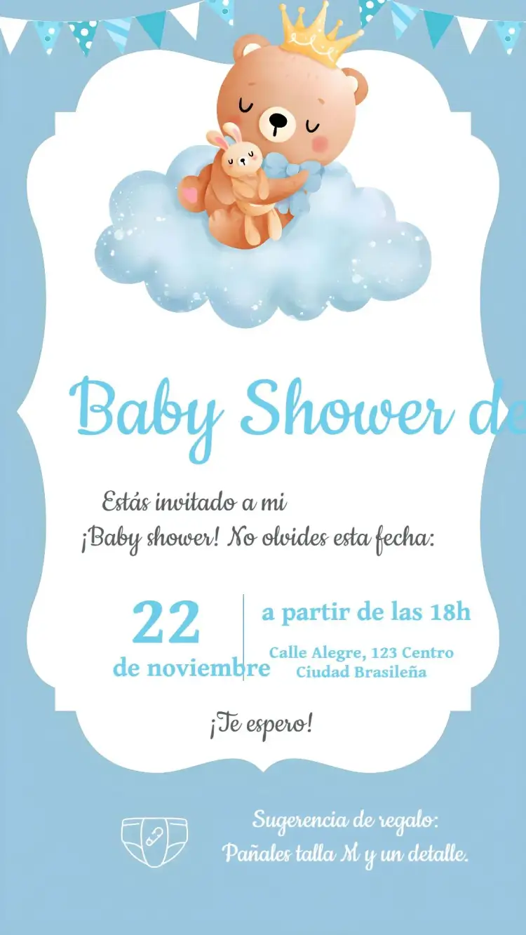 Invitación Baby Shower Niño Azul Osito – tema Baby Shower azul, oso, infantil, divertido, moderno, alegre