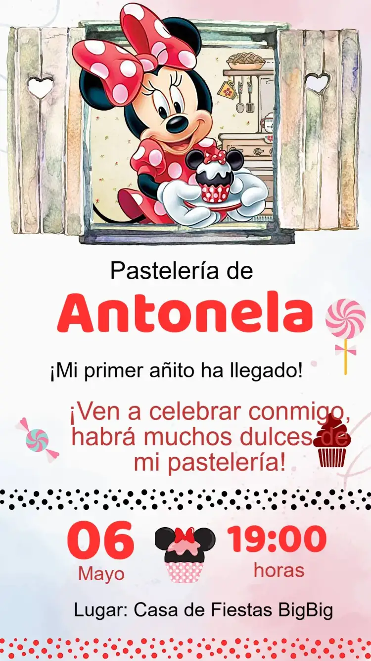 Invitación Invitación Cumpleaños Minnie Pastelera – tema Cumpleaños Infantil colores vibrantes, estilo divertido, elementos de repostería, tema Disney, ilustraciones infantiles, diseño alegre
