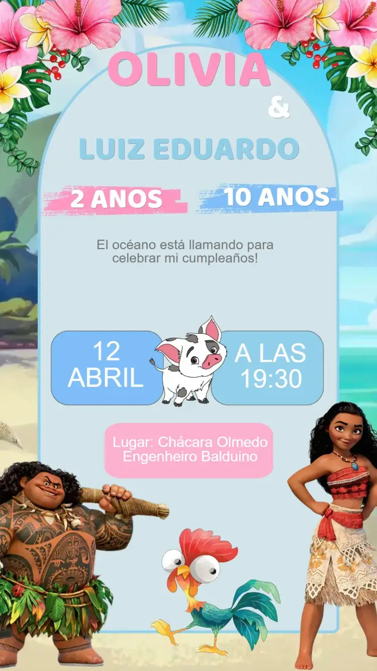 Invitación Invitación Doble Cumpleaños Moana – tema Cumpleaños Infantil tropical, aventura, marino, colorido, Disney, isla