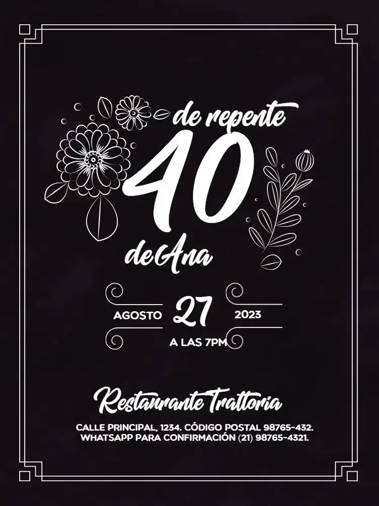 Invitación Repente 40 Elegante Encontro – tema Cumpleaños Infantil elegante, floral, en blanco y negro, femenino, minimalista, moderno