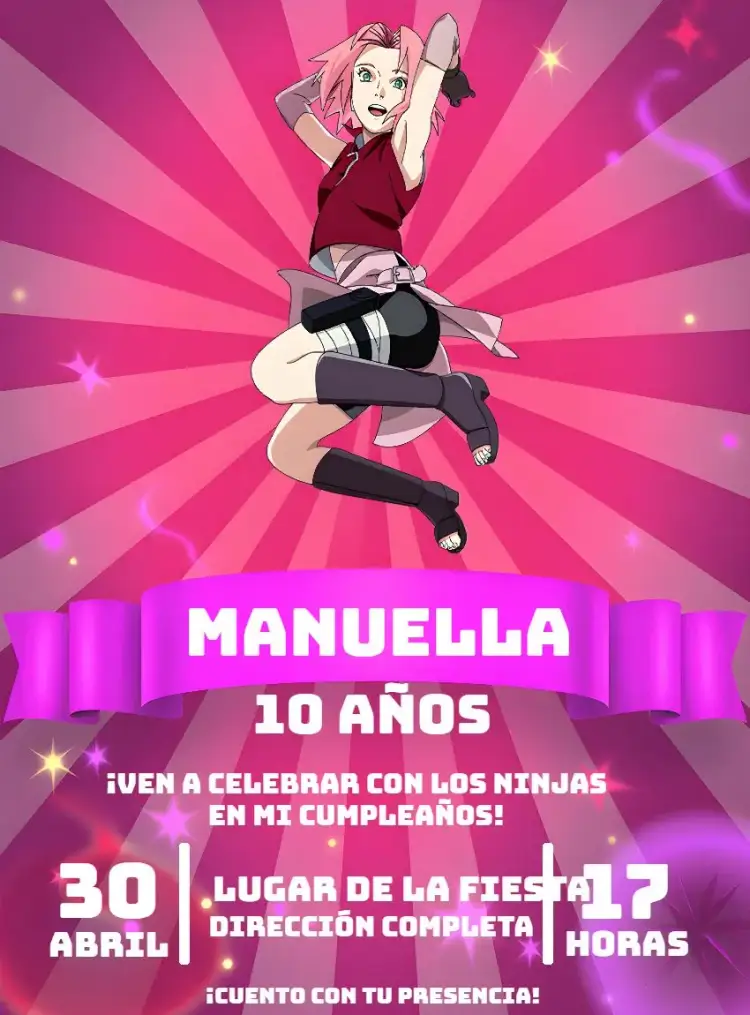 Invitación Sakura Menina – tema Cumpleaños Infantil floral, anime, moderno, colorido, lúdico