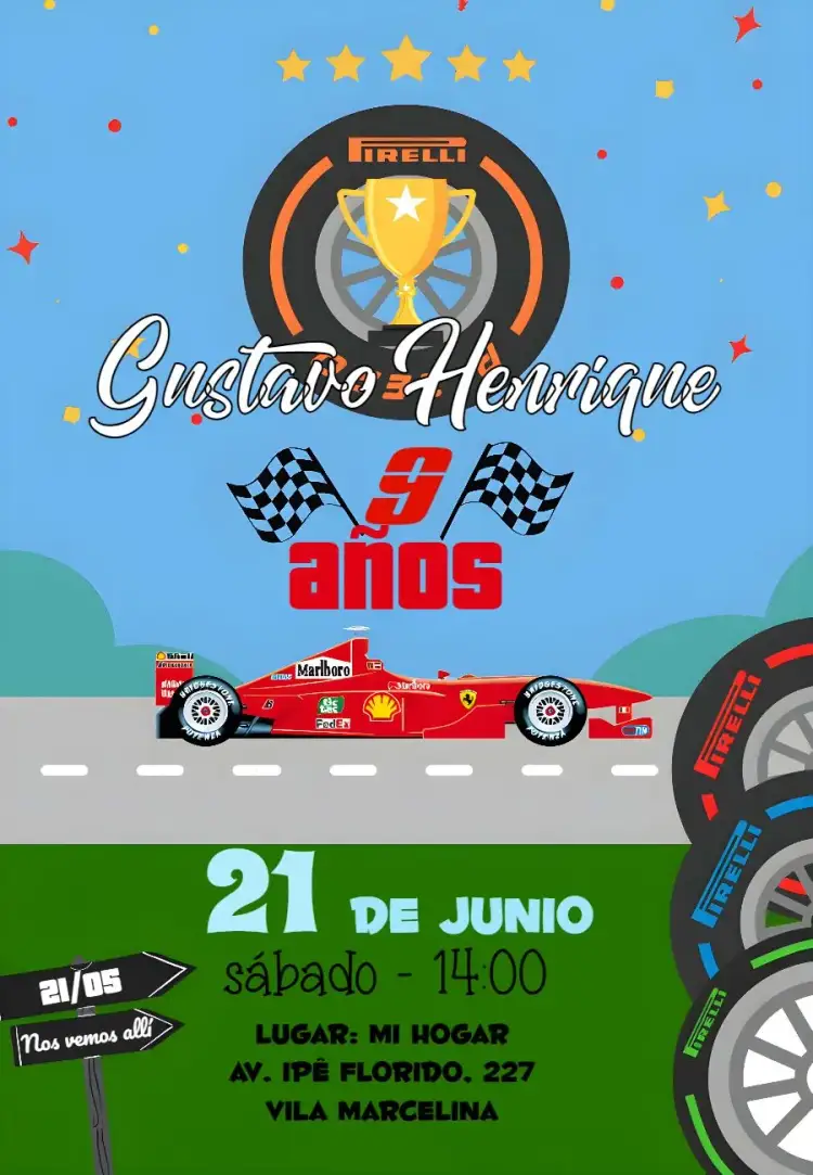 Invitación Fiesta de Fórmula 1 – tema Cumpleaños Infantil colorido, moderno, deportivo, divertido, dinámico, temático