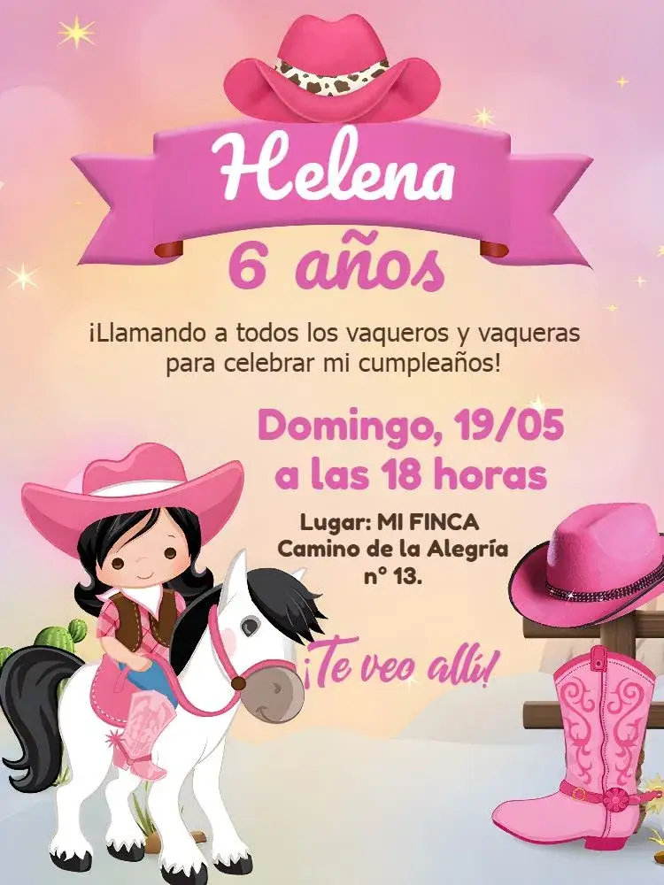 Invitación Boina Vaquera – tema Más buscados granja, vaquera, rural, colorido, infantil, temático