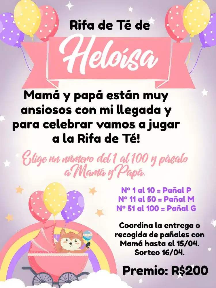 Invitación Té Rifa Zorrito Globos – tema Té Rifa colorido, infantil, lúdico, moderno, divertido, fofo
