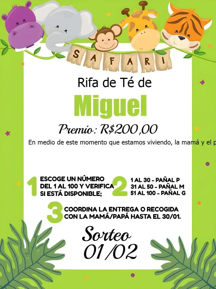 Invitación Té Rifa Safari Tigre – tema Té Rifa safari, animales, colores vibrantes, selva, tropical