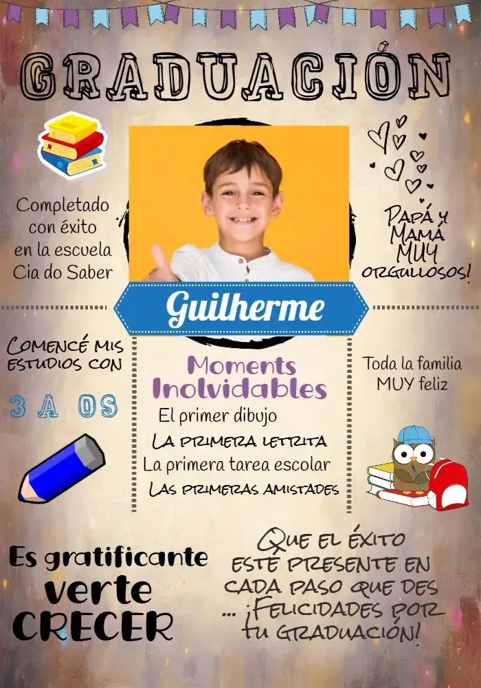 Invitación Graduación Infantil Con Foto Crema – tema Graduación crema, azul, morado, escolar, divertido, ilustraciones