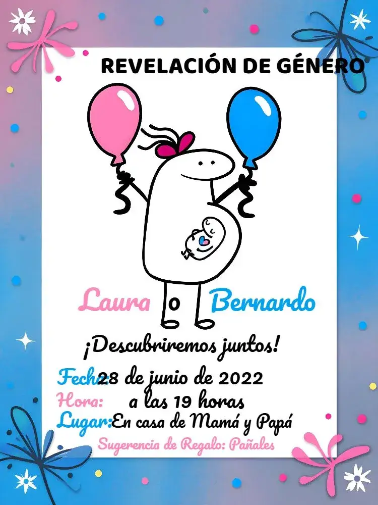 Invitación Chá de Revelación Niño o Niña Meme – tema Revelación Bebé moderno, divertido, colorido, minimalista, temático, jovial