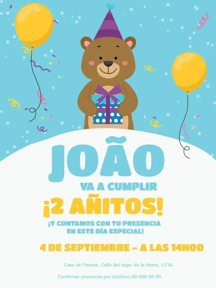 Invitación Oso Niño Confeti – tema Cumpleaños Infantil azul, divertido, infantil, colorido, fofo, temático