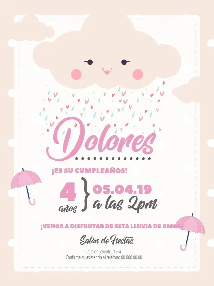 Invitación Lluvia De Amor Bolitas – tema Baby Shower delicado, infantil, rosa, nubes, corazones, bolitas