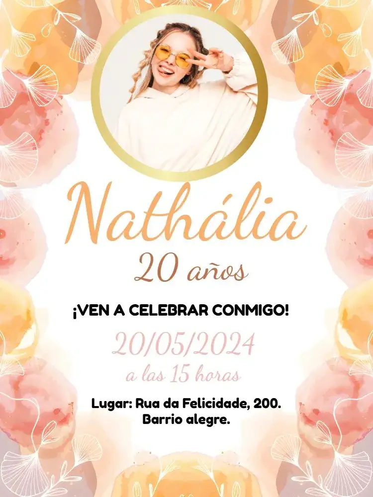 Invitación Minimalista Hojas Con Foto Discoteca – tema Cumpleaños minimalista, dorado, moderno, hojas secas, vibrante, discoteca