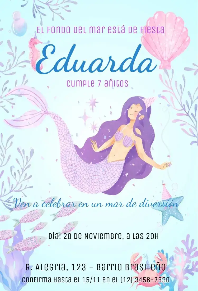 Invitación Sirena – tema Cumpleaños Infantil azul marino, colorido, lúdico, de fantasía, acuático, tropical