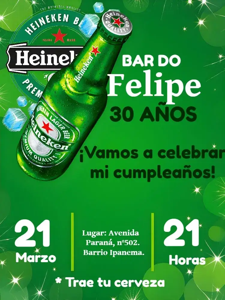 Invitación Heineken Bebida – tema Más buscados verde, negro, moderno, festivo, desenfadado, bar