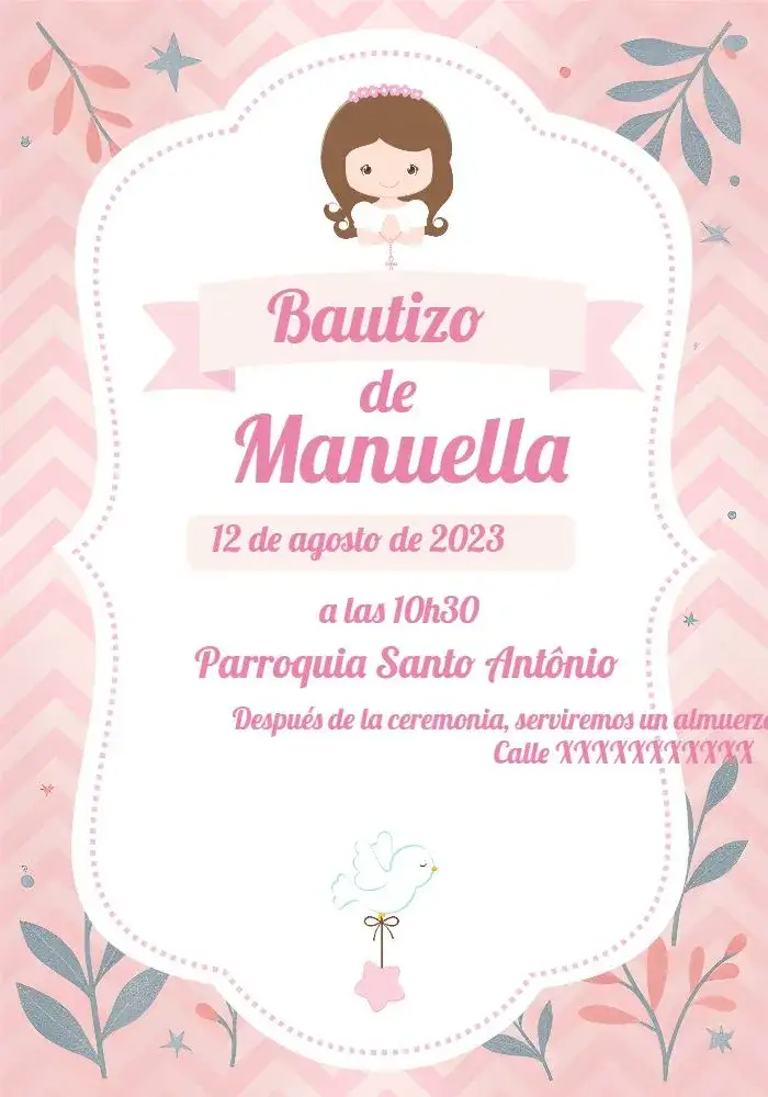 Invitación Bautizo Blanco – tema Bautismo delicado, celestial, minimalista, rosado, elegante, infantil