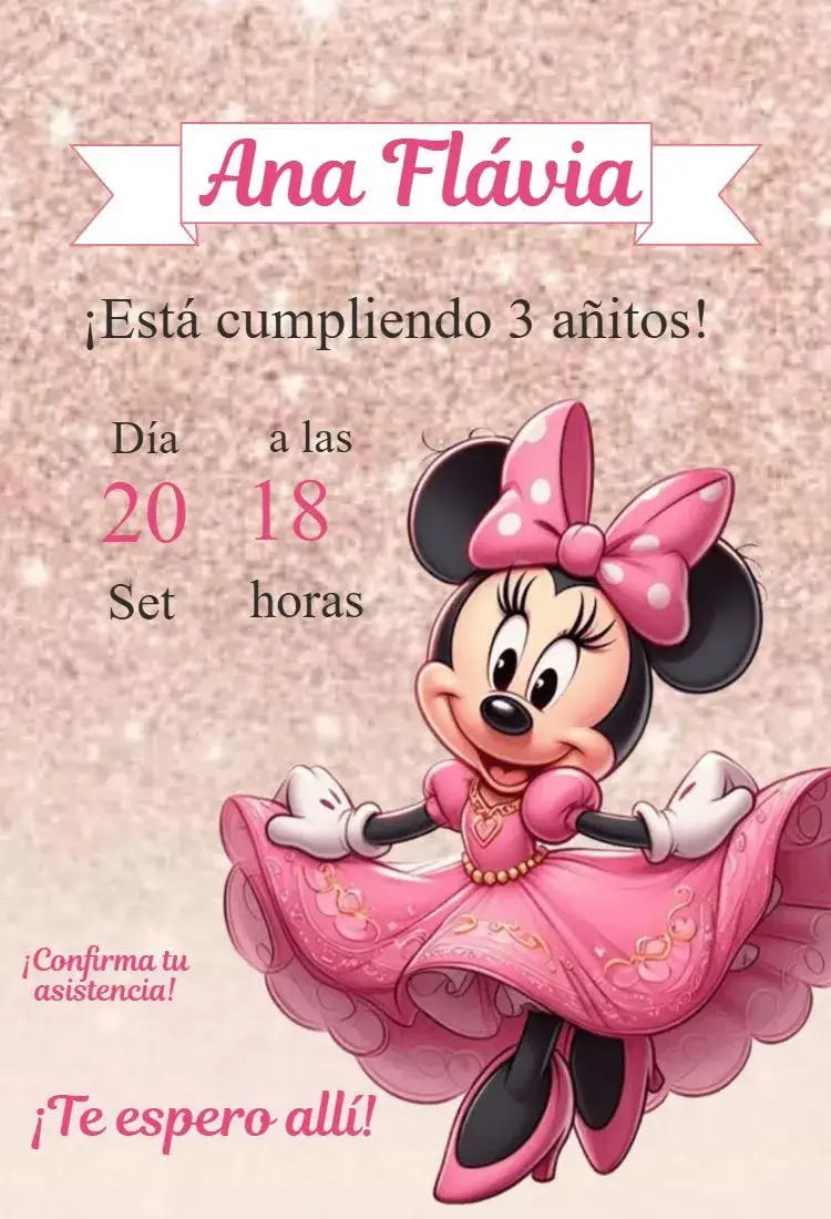 Invitación Invitación Minnie Rosa – tema Cumpleaños Infantil rosa, divertido, temático, colorido, infantil