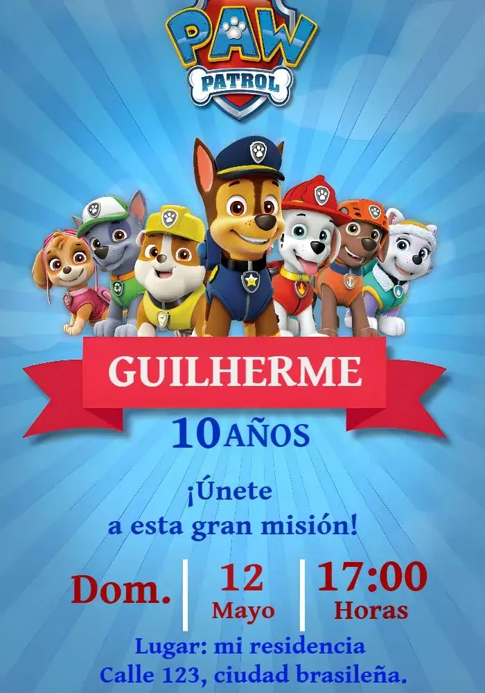 Invitación Patrulla Canina Rojo – tema Cumpleaños Infantil rojo, azul, temática infantil, divertido, colorido, moderno